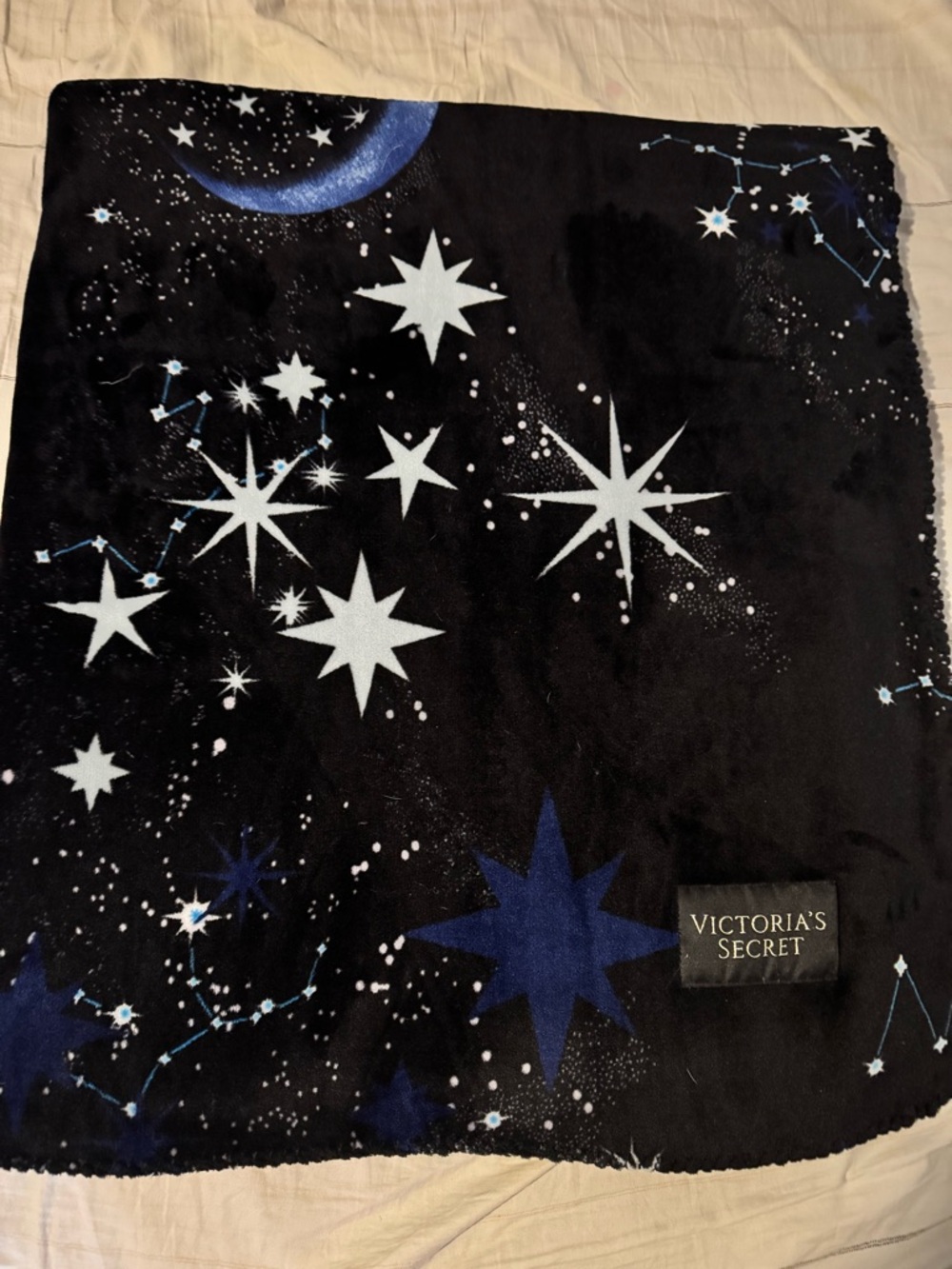 Victoria's Secret Black Plush Throw black navy & White Star Motif excellent